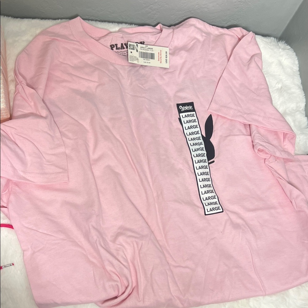 PLAYBOY Pink Tee with Black Bunny and Vertical Text